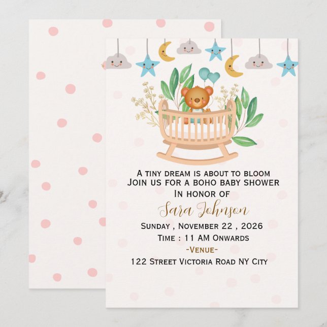 Invitación de baby shower boho editable (Anverso / Reverso)