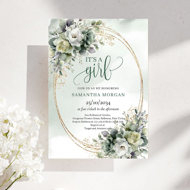 Invitación de Baby Shower Boho Elegancia Verde Dor (Boho Elegance Greenery Gold Baby Shower Invitation)