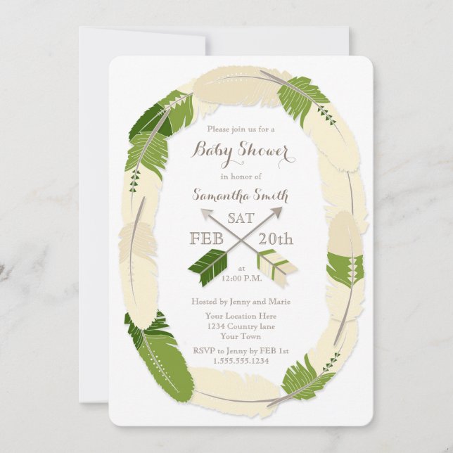 Invitación de Baby Shower Boho Feather y Arrow Gre (Anverso)