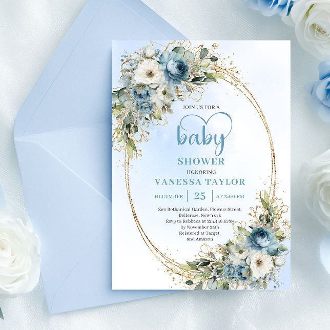 Invitación de Baby Shower Boho Light Blue Floral G (Boho Light Blue Floral Greenery Baby Shower Invite.....)