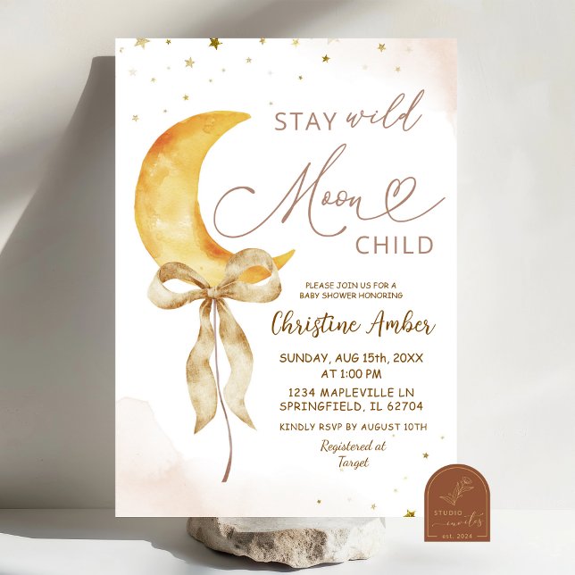 Invitación de baby shower boho luna con lazo coque (Subido por el creador)