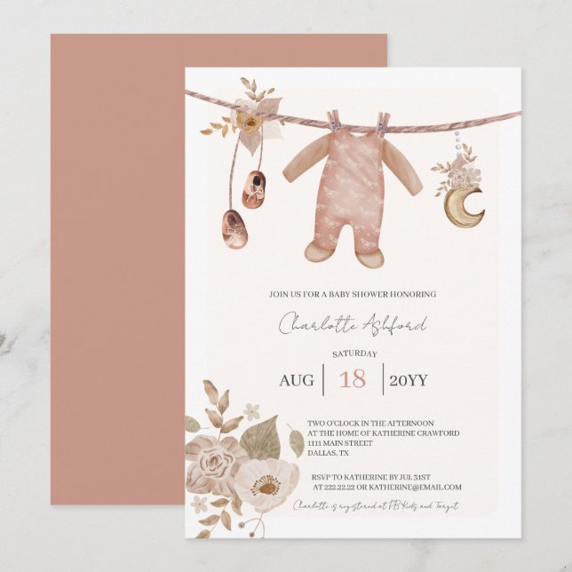 Invitación de Baby Shower Boho Neutral para Ropa d (Anverso / Reverso)