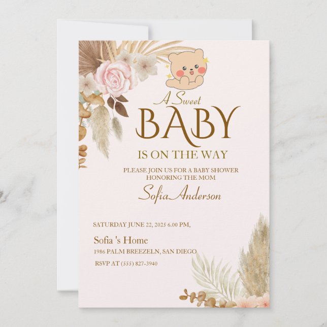 Invitación de baby shower boho Pampas (Anverso)