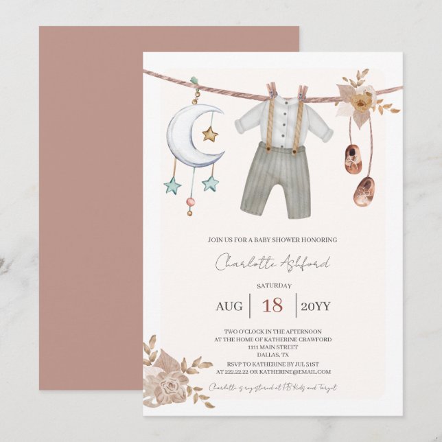 Invitación de Baby Shower Boho para Ropa de Bebé N (Anverso / Reverso)