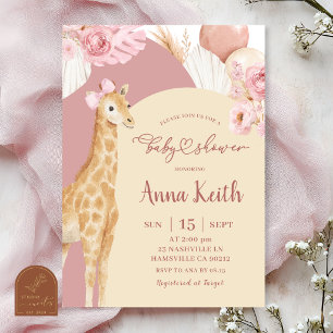 Invitación de Baby Shower Boho Pink Giraffe Savana