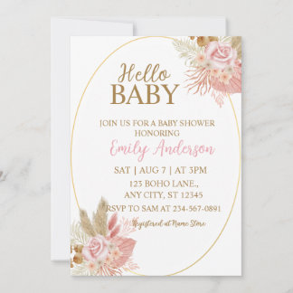 Invitación de Baby Shower Boho Rosa Floral Pampas