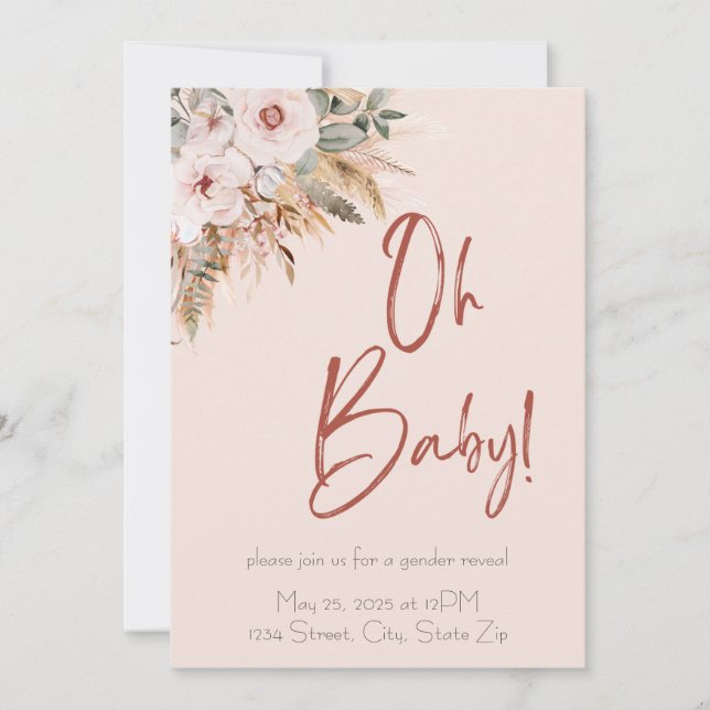 Invitación de baby shower boho rosa pastel (Anverso)
