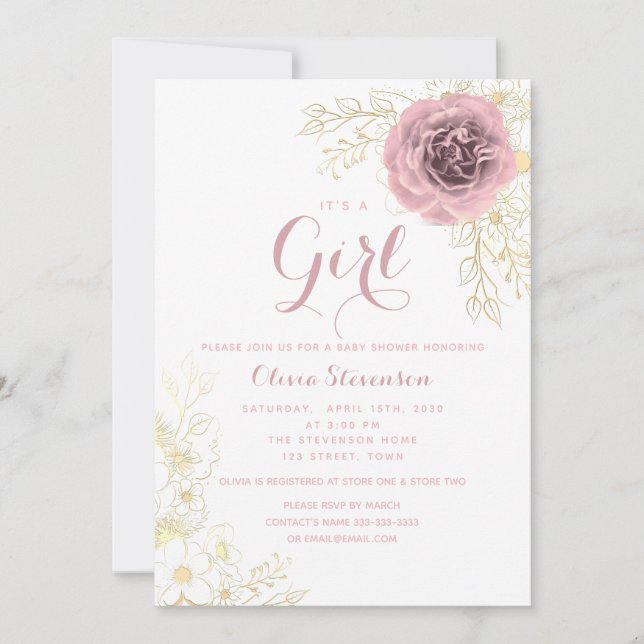 Invitación de Baby Shower Boho Rosa y Dorado (Anverso)