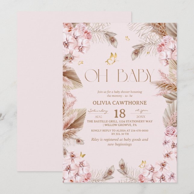 Invitación de Baby Shower Boho Rústico Rosa Polvor (Anverso / Reverso)