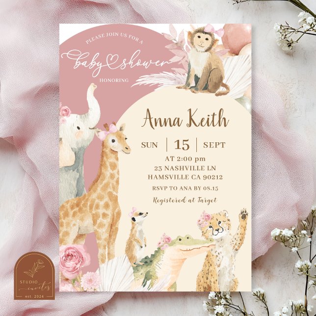 Invitación de Baby Shower Boho Safari Rosa (Subido por el creador)