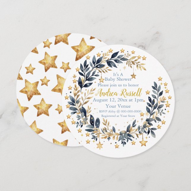 Invitación de Baby Shower Boho Stars Greenery (Anverso / Reverso)
