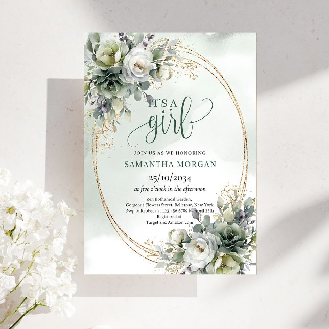 Invitación de Baby Shower Boho Verde Oro Es una Ni (Baby Shower Boho Green Gold It's a Girl Invitation)