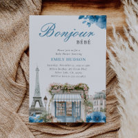Invitación de Baby Shower Bonjour Bebe Azul Francé
