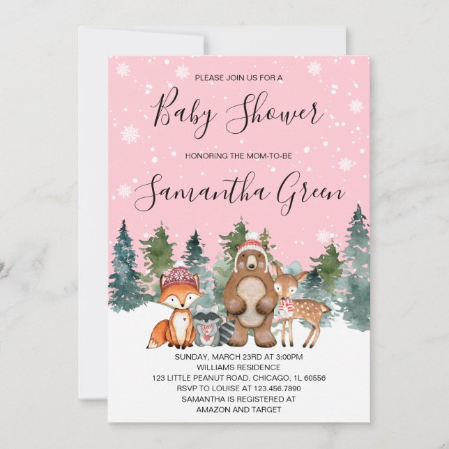 Invitación de Baby Shower Bosque de Invierno Rosa (Anverso)