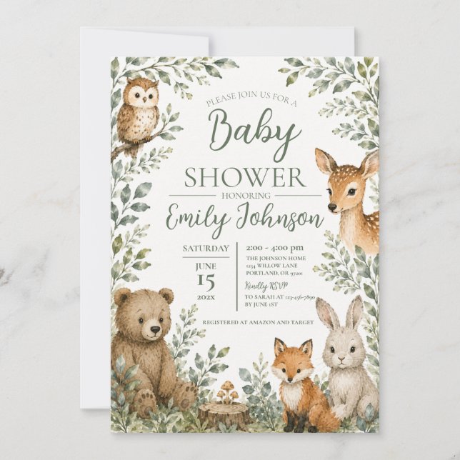 Invitación de Baby Shower Bosque Encantado (Anverso)