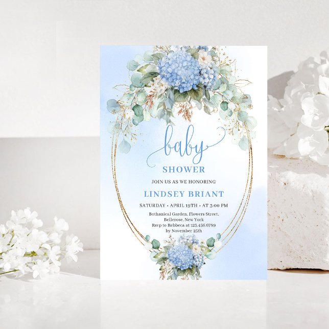 Invitación de Baby Shower Botánico Boho Azul Hydra (Botanical Boho Blue Hydrangea Baby Shower Invitation)
