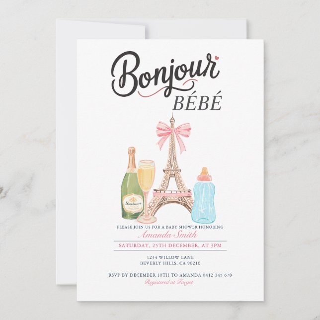 Invitación de Baby Shower Botella de Leche Bonjour (Anverso)
