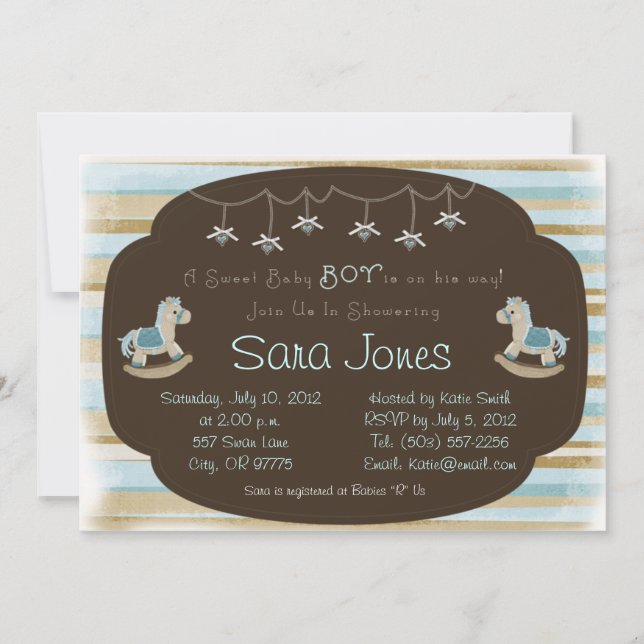 Invitación de Baby Shower - Boy Blue Rocking Horse (Anverso)