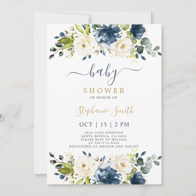 Invitación de Baby Shower Boy con flores de Navy B (Anverso)