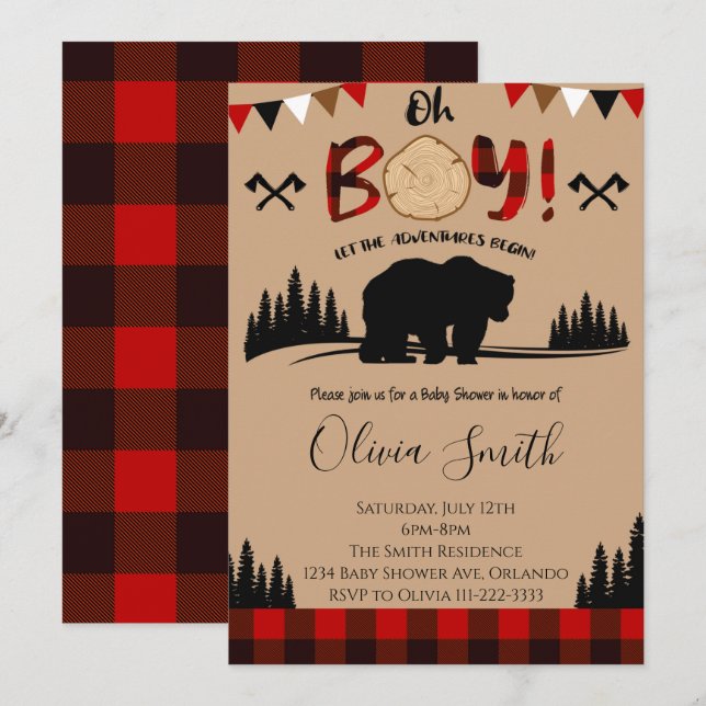 Invitación de Baby Shower Boy de Lumberjack Plaid (Anverso / Reverso)
