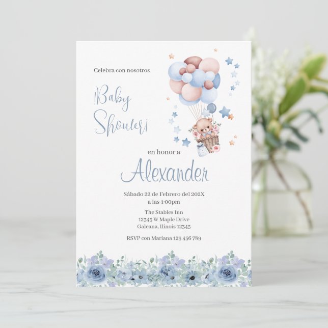 Invitación de Baby Shower Boy española floral azul (Anverso de pie)