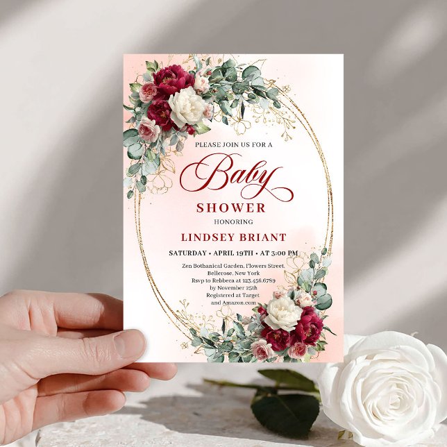 Invitación de Baby Shower Burgundy Dorado Rústico  (Trendy Rustic Burgundy Gold Baby Shower Invitation)