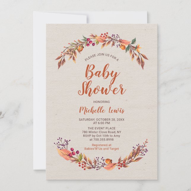 Invitación de Baby Shower Burlap Floral Fall Boy (Anverso)