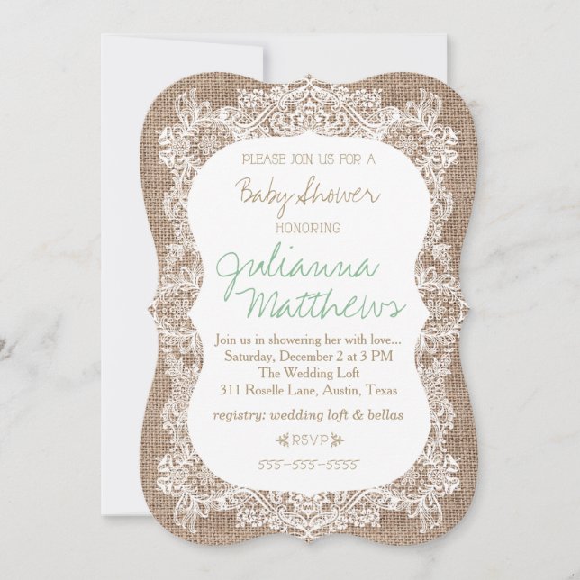 Invitación de Baby Shower Burlap y Lace (Anverso)