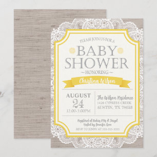 Invitación de Baby Shower Burlap Yellow & Lace