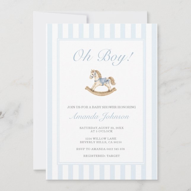 Invitación de Baby Shower Caballo de Balanza Azul (Anverso)