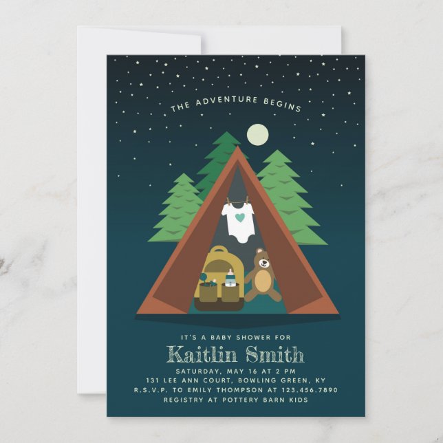 Invitación de Baby Shower Camping Adventure (Anverso)