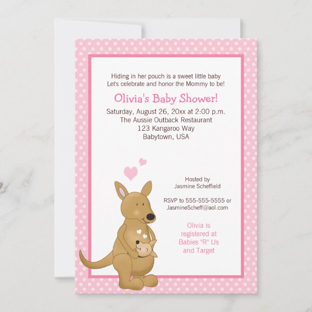Invitación de Baby Shower canguro con puntos rosad (Anverso)