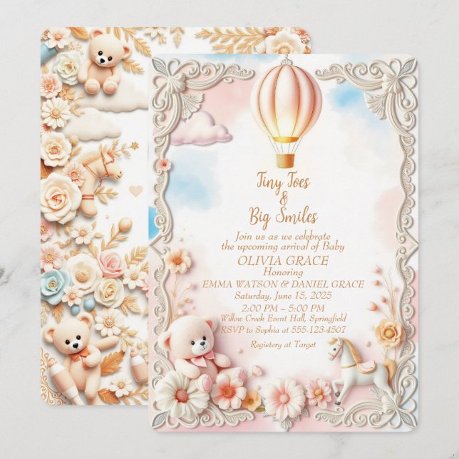 Invitación de Baby Shower caprichosa y elegante (Anverso / Reverso)
