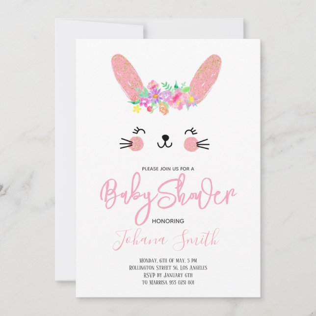 Invitación de Baby Shower Cara de Conejo Rosa (Anverso)