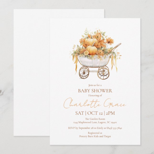 Invitación de Baby Shower Carruaje de Calabaza (Anverso / Reverso)
