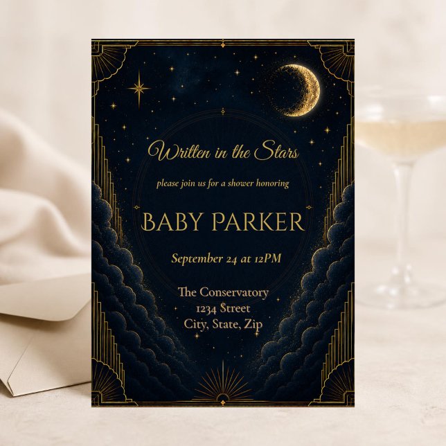 Invitación de Baby Shower Celestial | Azul Marino (Elegant celestial baby shower invitation with navy skies, gold Art Deco details and glowing moon.)