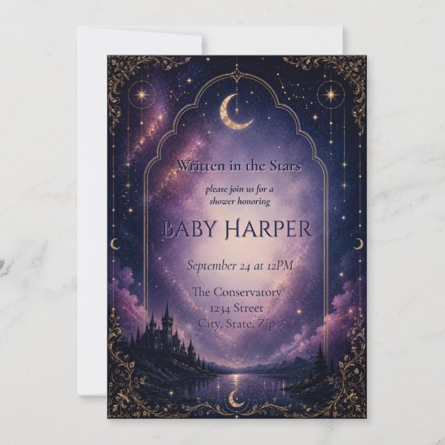 Invitación de Baby Shower Celestial | Castillo baj (Anverso)