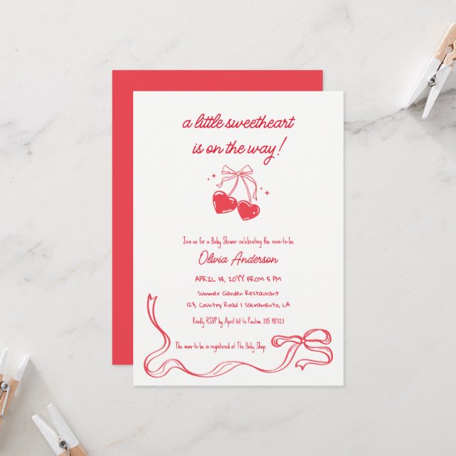Invitación de Baby Shower Cereza querida (Anverso/Reverso In Situ)