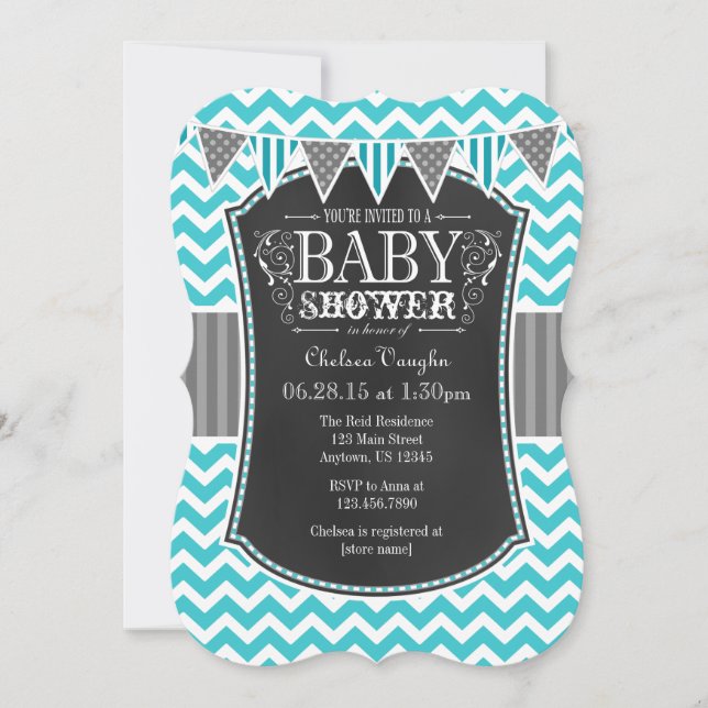 Invitación de Baby Shower Chalkboard Turquoise Che (Anverso)