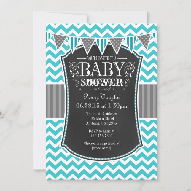 Invitación de Baby Shower Chalkboard Turquoise Che (Anverso)