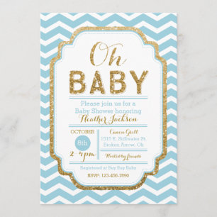 Invitación de Baby Shower Chevron Blue And Gold Bo