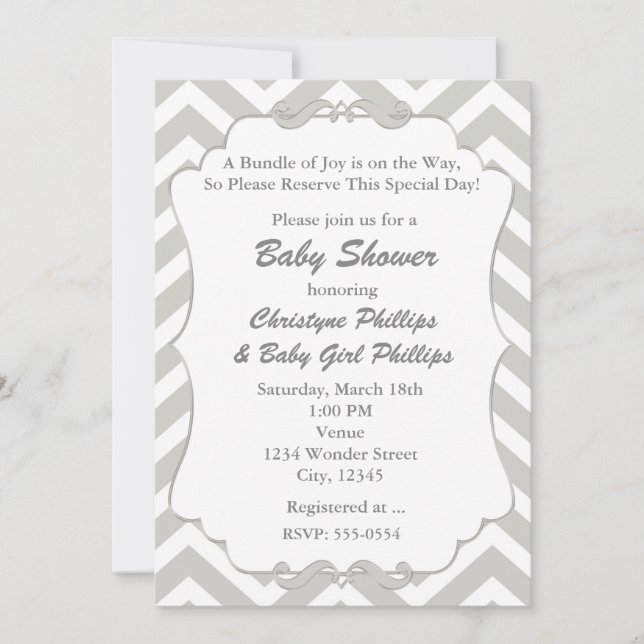 Invitación de Baby Shower Chevron Dulce Blanco y G (Anverso)