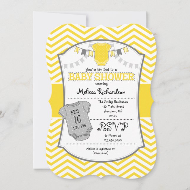 Invitación de Baby Shower Chevron Gris Amarillo (Anverso)
