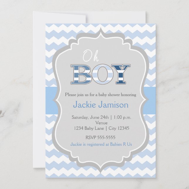 Invitación de Baby Shower Chevron Gris Azul Oh Boy (Anverso)