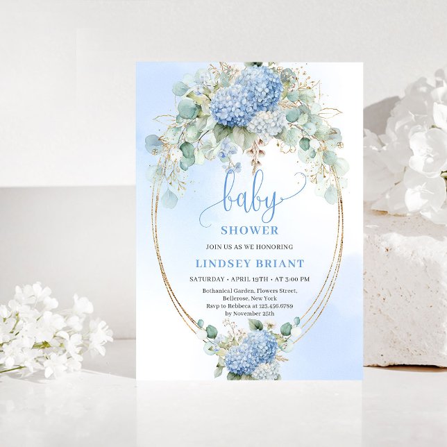 Invitación de Baby Shower Chic Boho Blue Hydrangea (Chic Boho Blue Hydrangeas Baby Shower Invitation)