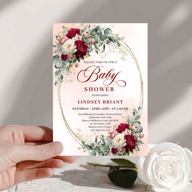 Invitación de Baby Shower Chic Rústico Borgoña Peo (Chic Rustic Burgundy Peony Gold Baby Shower Invite)