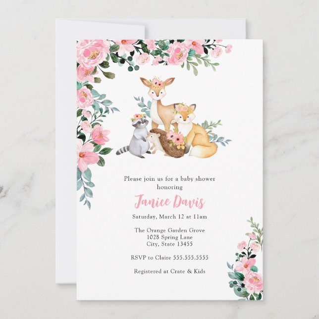 Invitación de Baby Shower, Chica de animales de co (Anverso)