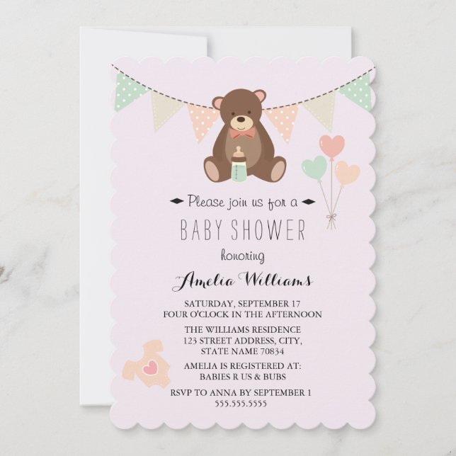 Invitación de Baby Shower Chica de Bunting de Tedd (Anverso)