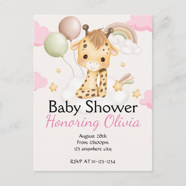 INVITACIÓN DE BABY SHOWER, chica de la jirafa rosa (Anverso)