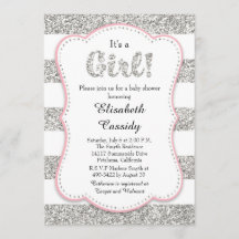 Invitación de Baby Shower Chica Purpurina rosa y p